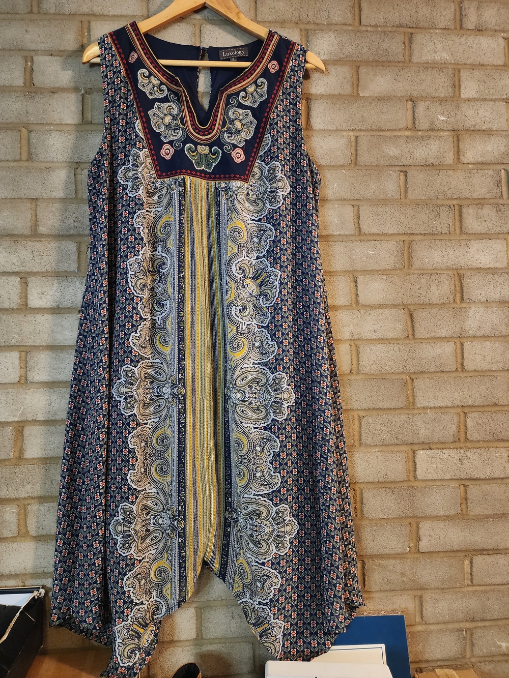 Luxology Navy and Yellow Asymmetrical Paisley Midi Dress
